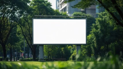 Bright White Billboard Canvas in Verdant City Park, Framed by Lush Trees and Distant Urban Skyline