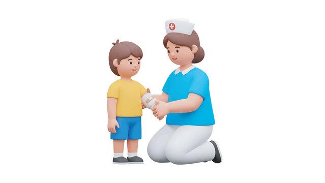 Nurse bandages a young boy's arm in a sterile hospital environment, ensuring proper wound care and promoting healing with a gentle and caring touch.