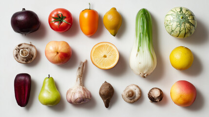 A flat lay of various fruits and vegetables arranged on a white background neatly -