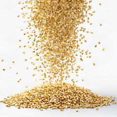 Falling Pile of Yellow Popcorn Kernels Isolated on White Background