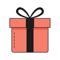 Coral Gift Box with Black Ribbon and Decorative Dotted Line Detailing.