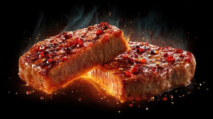 Juicy Grilled Meat with Spices and Smoke on Black Background