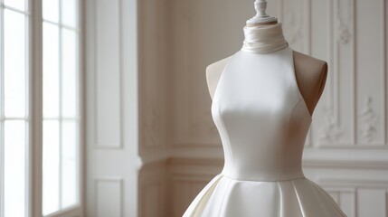 Elegant White Satin Bridal Gown on Dress Form in Bright Room