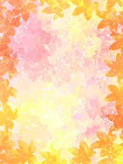 秋の紅葉のイメージの背景素材。水彩風テクスチャー。紅葉の葉っぱのシルエット。鮮やかな黄色やオレンジの色調。かわいい背景色。ふんわりした光の輝き。コピースペース。たて長構図