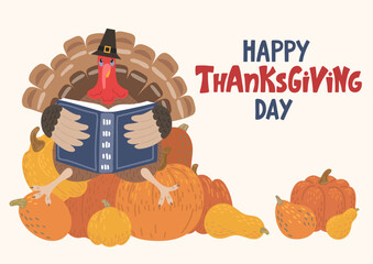 Happy Thanksgiving day. Turkey reading book on pile of orange pumpkins. Autumn harvest educational event for children.