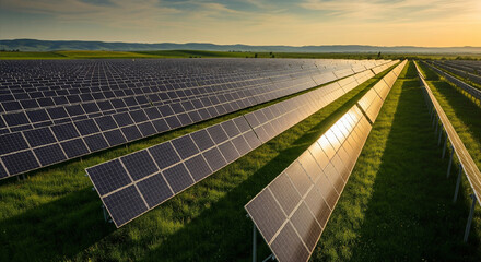 Cinematic wide shot of a solar farm in a green field, rows of solar panels under sunlight, sustainable energy concept, ultra HD, 16:9 aspect ratio