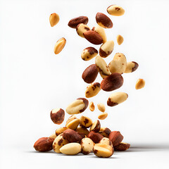 Falling Crunchy Brazil Nuts over a Pile Isolated on White Background
