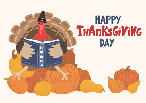 Happy Thanksgiving day. Turkey reading book on pile of orange pumpkins. Autumn harvest educational event for children.