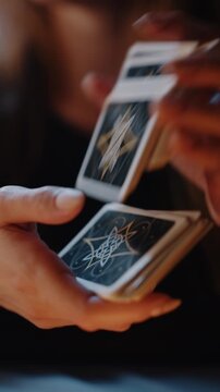 Close-up of woman shuffling tarot cards during fortune telling ritual