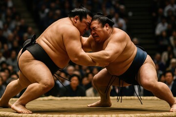 Two sumo wrestlers in fierce competition on the dohyo ring, traditional Japanese martial arts sport, cultural heritage, dramatic clash with authentic atmosphere
