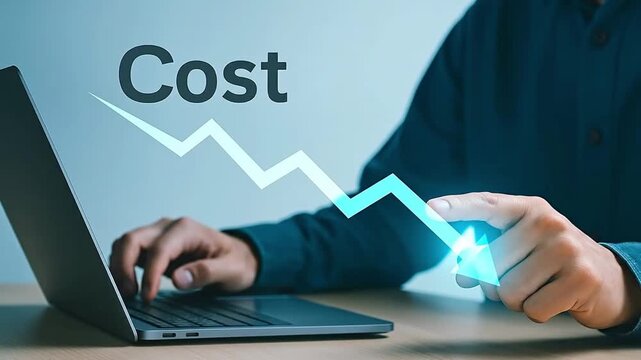 Business Person Using Laptop with Digital Overlay Illustrating Decreasing Costs and Financial Savings, Concept of Expense Reduction and Smart Manag...