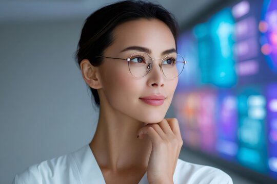 Scientist analyzing data on multiple computer screens in laboratory