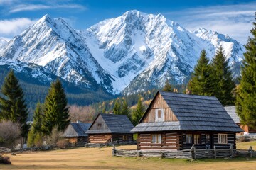 Obraz premium Wooden huts nestled at the foot of majestic snow capped mountains in autumn scenery