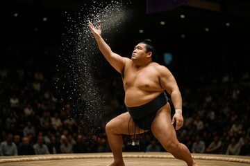 Sumo wrestler throwing salt to purify the dohyo before a match, traditional Japanese cultural ritual, authentic atmosphere, sacred heritage