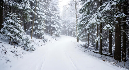 Obraz premium A snow covered path through a dense forest with tall trees and a foggy atmosphere in winter season ai generated