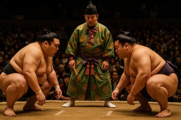 Traditional Japanese sumo referee (gyoji) standing with wrestlers preparing for a match on the dohyo, authentic cultural heritage and ceremonial atmosphere