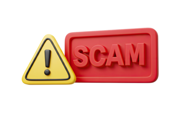 Red scam alert sign with yellow warning triangle and exclamation mark isolated on transparent background