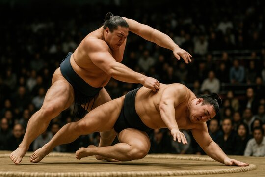 image.pngDecisive winning throw by a sumo wrestler at the edge of the dohyo ring, dramatic sports moment in Japanese culture and martial arts tradition, authentic heritage
