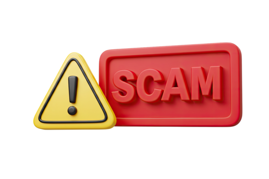 Red scam alert sign with yellow warning triangle and exclamation mark isolated on transparent background
