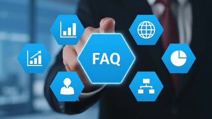 Businessman interacting with a digital interface displaying faq and various business icons representing data analytics and global connectivity - Powered by Adobe