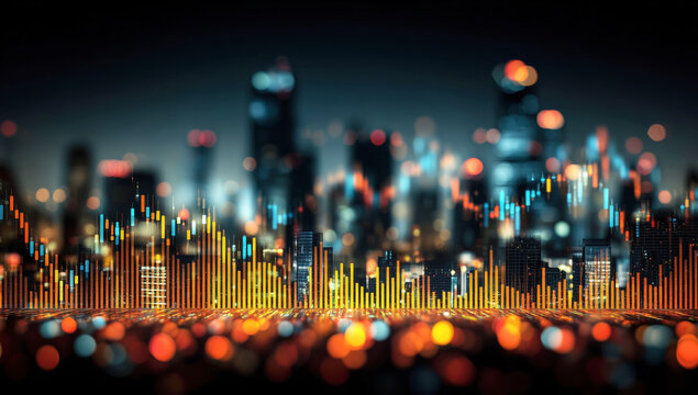 Vibrant City Skyline with Abstract Financial Graph and Colorful Lights at Night