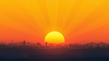 A semi-realistic sunrise in bold yellow and orange gradient tones. Sunset over the city in a clear golden sky