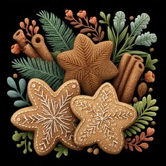 Star Shaped Gingerbread Cookies with Cinnamon Sticks and Winter Botanicals