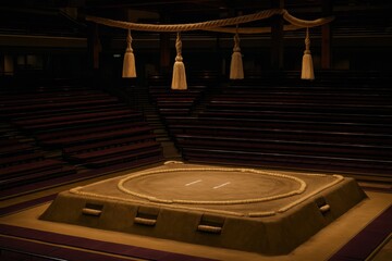 Sacred dohyo sumo ring prepared for a tournament, clay platform with straw bales and ceremonial ropes, authentic Japanese cultural heritage, empty arena before the match