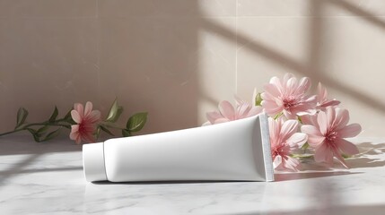 Elegant white tube placed on marble with soft pink flowers in natural light, creating a calm and serene ambiance.