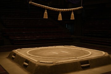 Sacred dohyo sumo ring prepared for a tournament, clay platform with straw bales and ceremonial ropes, authentic Japanese cultural heritage, empty arena before the match