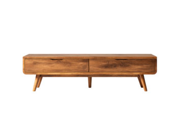 Wooden TV stand with two drawers, mid-century modern style