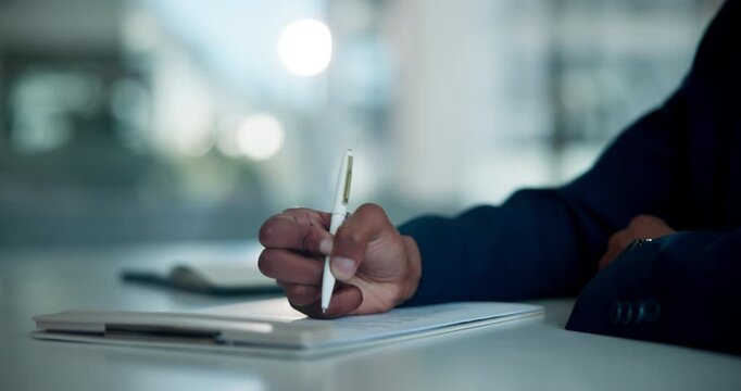 Office, employee and hands with paperwork, signature and agreement for code of conduct and approval. Legal document, confirmation and person with contract on table, write and consent form in business