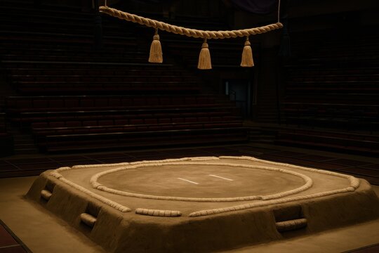 Sacred dohyo sumo ring prepared for a tournament, clay platform with straw bales and ceremonial ropes, authentic Japanese cultural heritage, empty arena before the match