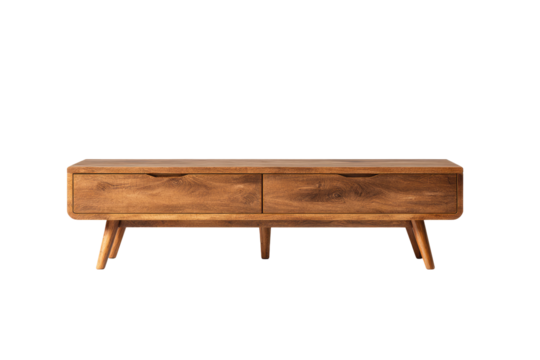 Wooden TV stand with two drawers, mid-century modern style