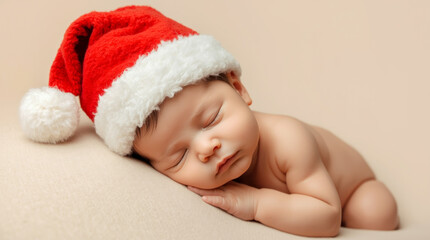 A serene sleeping baby with wears a vibrant red Santa hat adorned with a fluffy white pom-pom