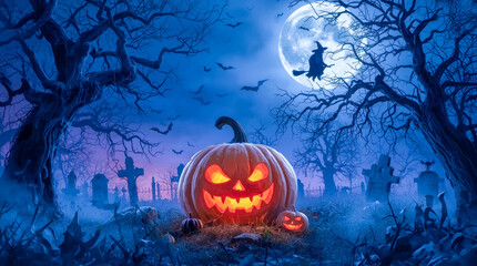 Naklejka premium Halloween with a dark blue and purple sky, filled with bats flying and a pumpkin. 3D render