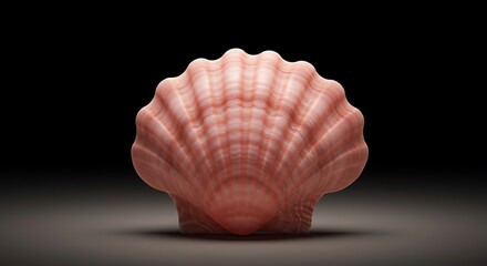 Obraz premium Stunning pink seashell with detailed ridges and a wavy pattern, illuminated against a dark background, highlighting its delicate form and natural elegance.