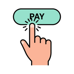 Finger Pressing Pay Button with Radiant Lines Illustrating Payment Process.