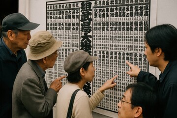 People gathered around a large printed sumo banzuke ranking chart, discussing names of wrestlers, authentic Japanese cultural heritage and tradition