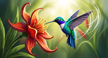 Obraz premium Vibrant Hummingbird Sips Nectar from a Fiery Red Lily in a Sun-Dappled Garden