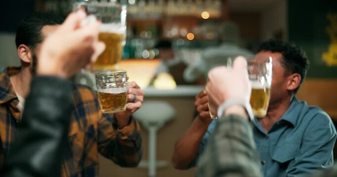 Night, cheers and men with beer in pub, friends or celebration for social gathering, laugh and chat. People, together and hangout with drinks in bar, evening and toast with alcohol, talking and break