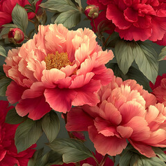 A dense arrangement of pink and red peonies with green leaves against a dark green background