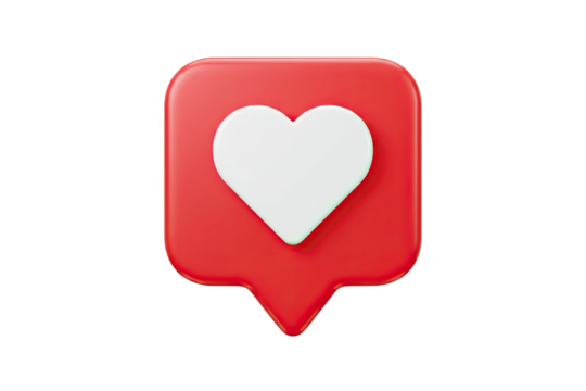 Red social media like notification icon with a white heart symbol isolated on transparent background