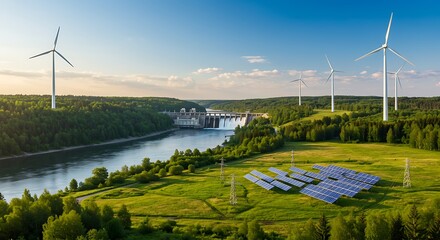 Aerial view showcasing a diverse clean energy landscape with a hydroelectric dam, wind turbines, and solar panels amidst lush green forests and a river under a bright sky, symbo...