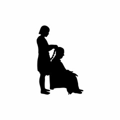 Silhouette of granddaughter braiding grandmother s hair isolated on white background