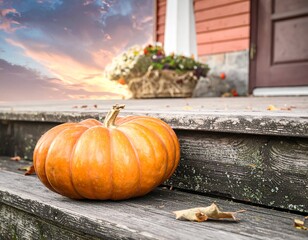 pumpkin and pumpkins, pumpkin on wooden stairs near house
