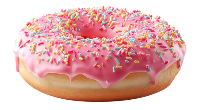 Pink donut with sprinkles isolated on transparent background, a sugary delight