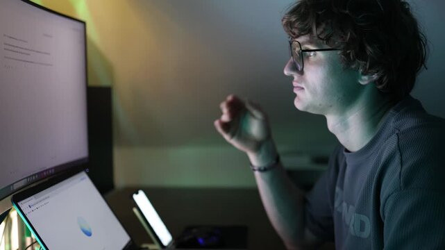 Young man looks inspired while using computer illuminated by screen light reflection in glasses highlights focus on artificial intelligence symbolizing modern learning and future technology
