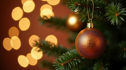 Obraz premium Close up of a decorated Christmas tree with a bronze bauble and bokeh lights decoration ornament