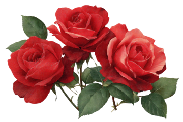 Close-up of three vibrant red roses with green leaves (2)